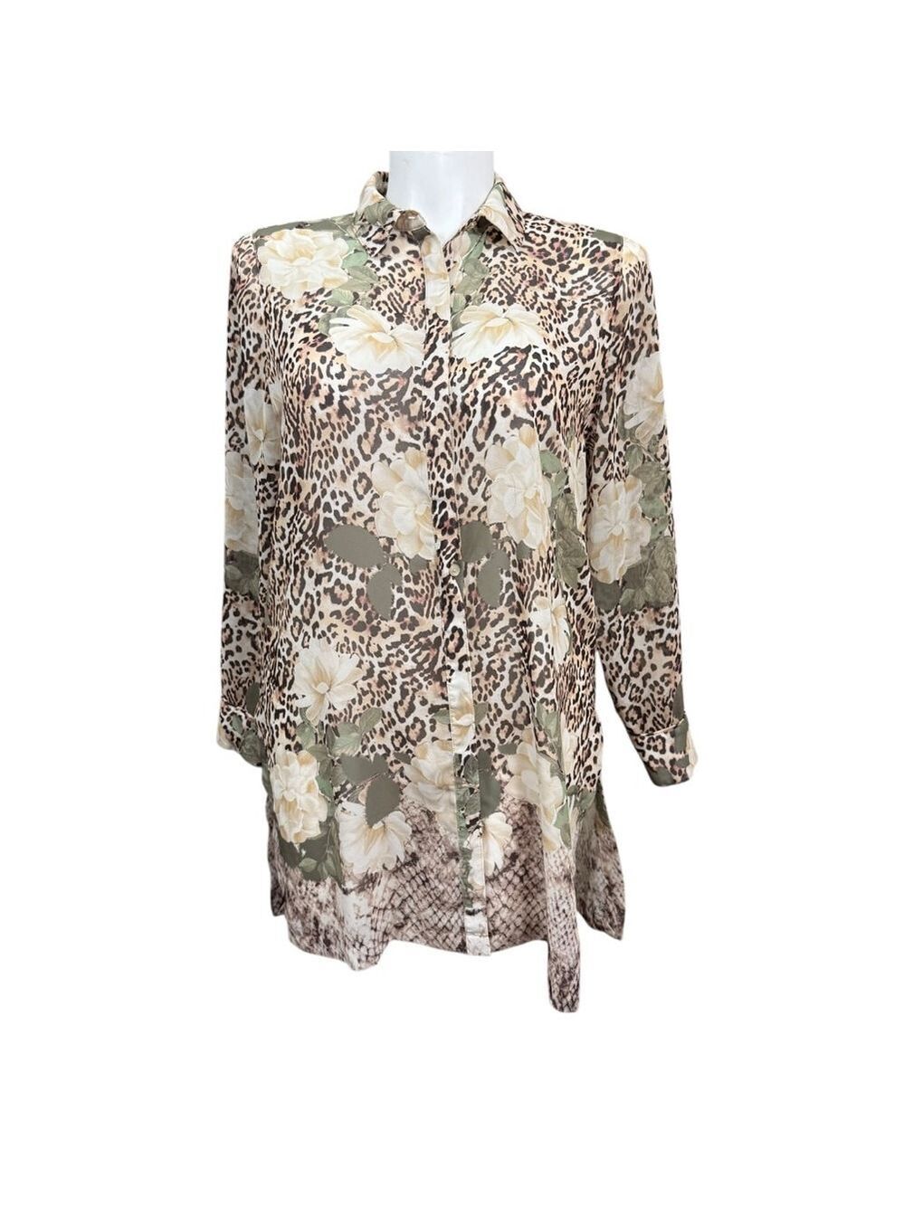 Chico's Leopard Floral Button Front Tunic Blouse Size 2 US 12 14